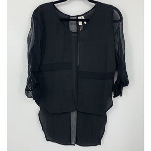 New line & dot black silk sheer hi-lo blouse M